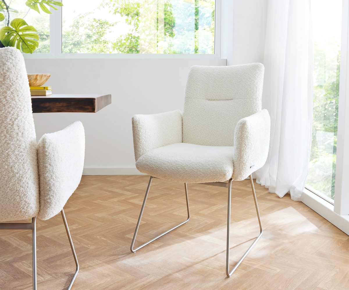 Bild 1 von Armlehnstuhl Jova-Flex Bouclé Weiß Kufengestell Edelstahl Taschenfederkern