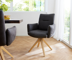 Drehstuhl Jova-Flex mit Armlehnen Anthrazit Vintage Holzgestell kantig Natur 180° drehbar Taschenfederkern