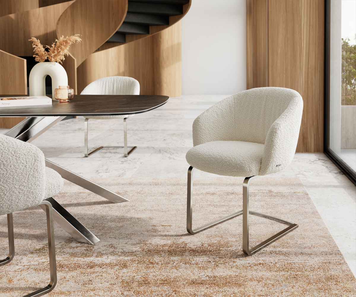 Bild 1 von Freischwinger Caja-Flex mit Armlehnen Bouclé Weiß Freischwinger flach Edelstahl Taschenfederkern