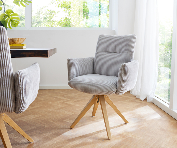 Bild 1 von Drehstuhl Jova-Flex mit Armlehnen Cord Silbergrau Holzgestell kantig Natur 180° drehbar Taschenfederkern