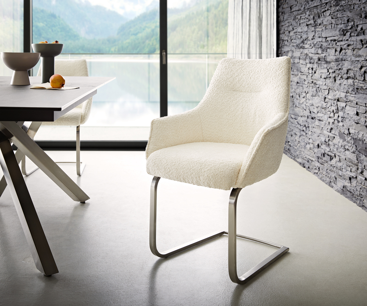 Bild 1 von Freischwinger Alja-Flex mit Armlehnen Bouclé Weiß Freischwinger flach Edelstahl Taschenfederkern