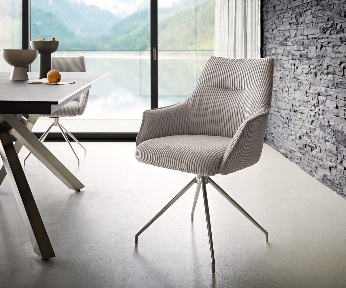 Bild 1 von Drehstuhl Alja-Flex mit Armlehnen Cord Silbergrau Kreuzgestell konisch Edelstahl 180° drehbar Taschenfederkern