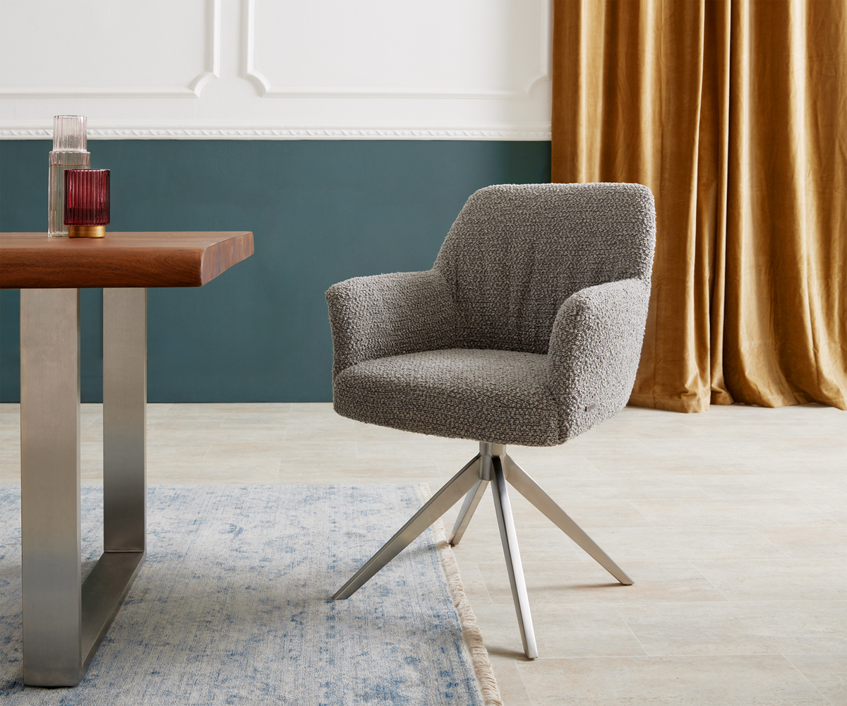 Bild 1 von Drehstuhl Xana-Flex mit Armlehnen Bouclé Silbergrau Kreuzgestell breit Edelstahl 360° drehbar Taschenfederkern