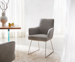 Armlehnstuhl Heira-Flex Bouclé Silbergrau Kufengestell Edelstahl Taschenfederkern