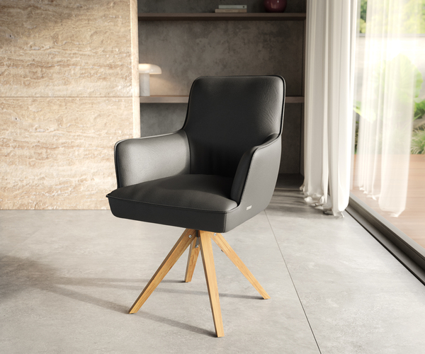 Bild 1 von Drehstuhl Heira-Flex mit Armlehnen Echt-Leder Schwarz Holzgestell kantig Natur 180° drehbar Taschenfederkern