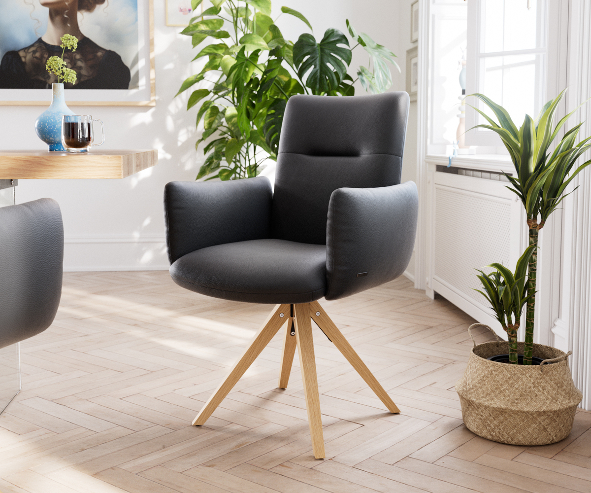 Bild 1 von Drehstuhl Jova-Flex mit Armlehnen Echt-Leder Schwarz Holzgestell kantig Natur 180° drehbar Taschenfederkern