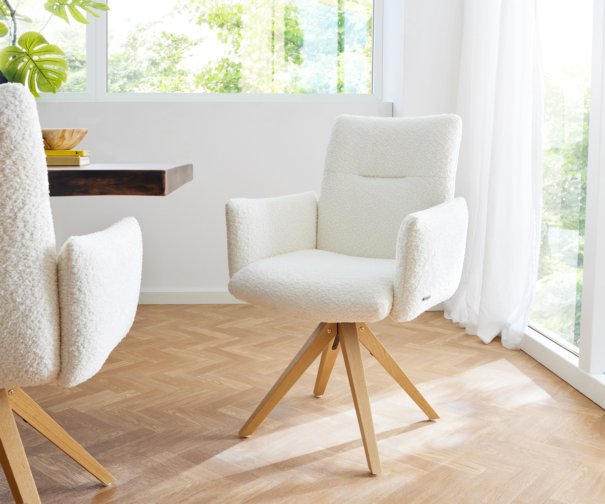 Bild 1 von Drehstuhl Jova-Flex mit Armlehnen Bouclé Weiß Holzgestell kantig Natur 180° drehbar Taschenfederkern
