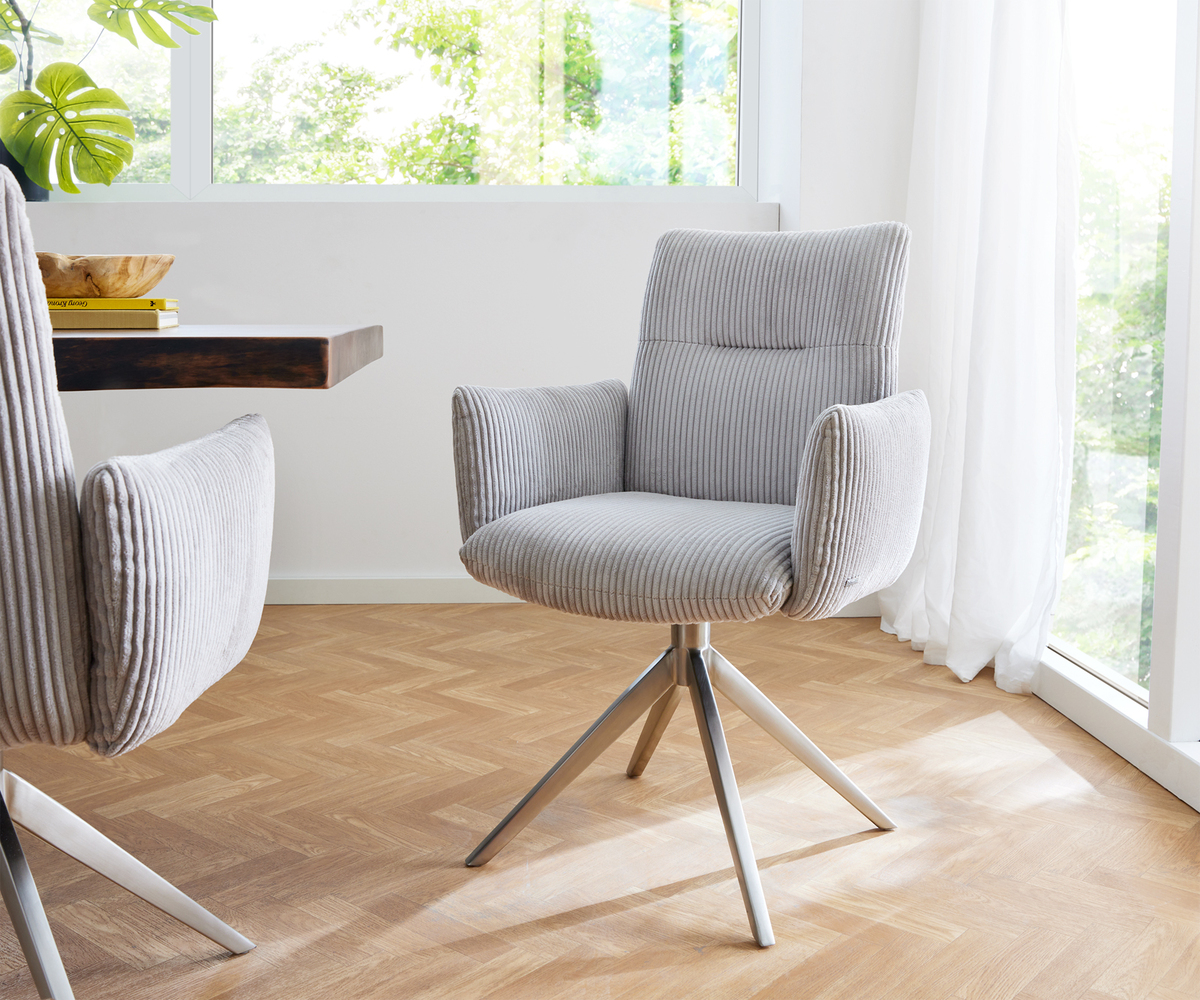 Bild 1 von Drehstuhl Jova-Flex mit Armlehnen Cord Silbergrau Kreuzgestell breit Edelstahl 360° drehbar Taschenfederkern