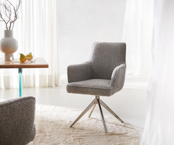 Bild 1 von Drehstuhl Heira-Flex mit Armlehnen Bouclé Silbergrau Kreuzgestell breit Edelstahl 360° drehbar Taschenfederkern