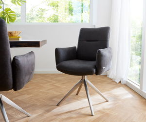 Drehstuhl Jova-Flex mit Armlehnen Anthrazit Vintage Kreuzgestell breit Edelstahl 360° drehbar Taschenfederkern