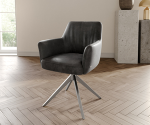 Drehstuhl Xana-Flex mit Armlehnen Anthrazit Vintage Kreuzgestell breit Edelstahl 360° drehbar Taschenfederkern