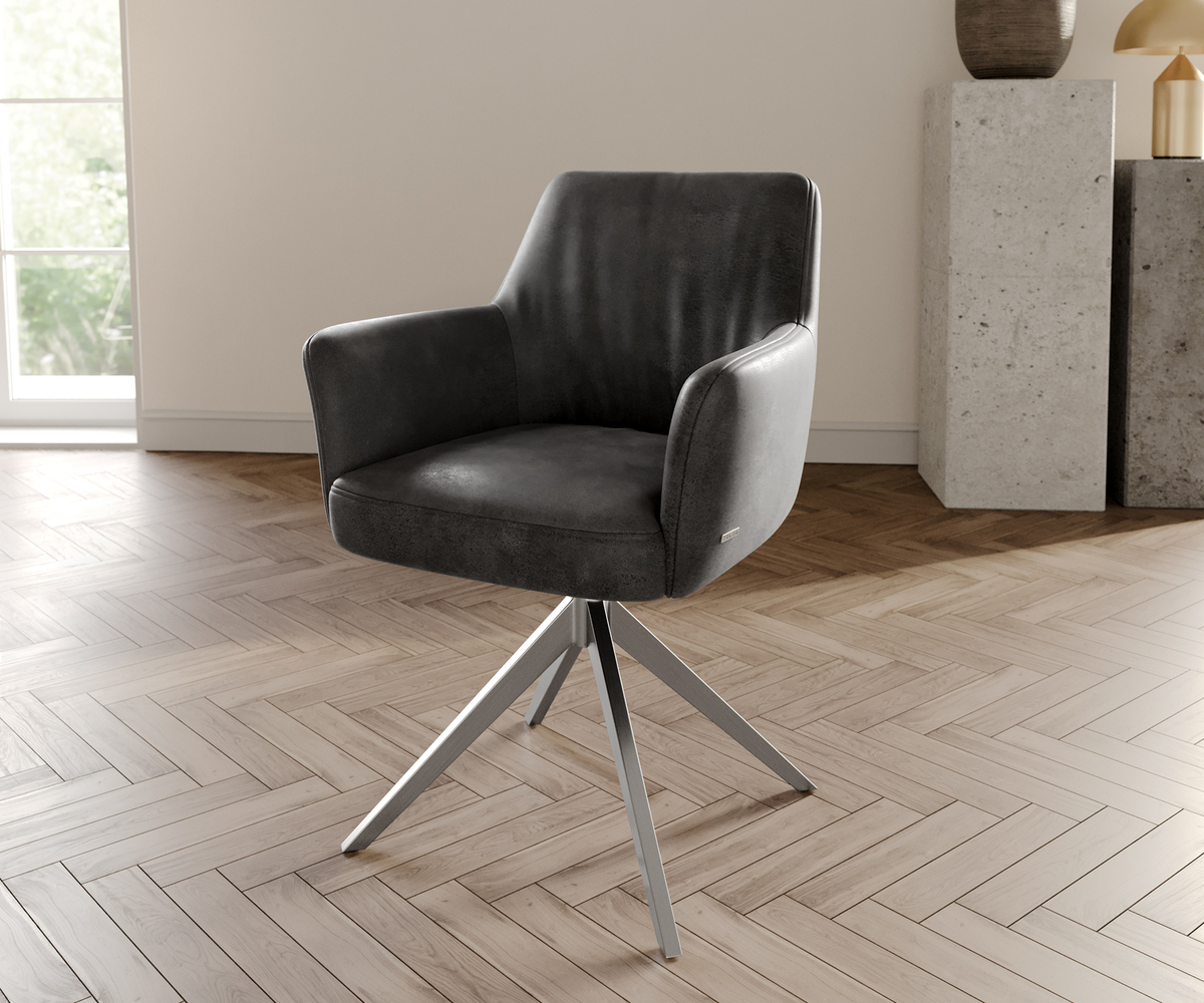 Bild 1 von Drehstuhl Xana-Flex mit Armlehnen Anthrazit Vintage Kreuzgestell breit Edelstahl 360° drehbar Taschenfederkern