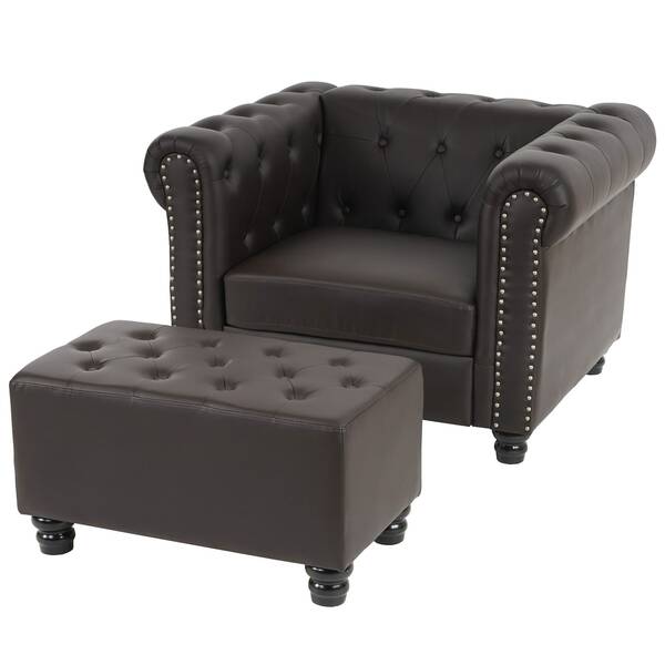 Bild 1 von Luxus Sessel Loungesessel Relaxsessel Chesterfield Edinburgh Kunstleder ~ runde Füße, braun mit Ottomane