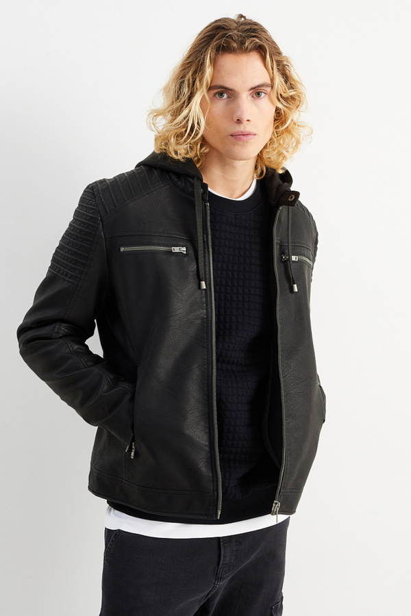 Bild 1 von C&A Bikerjacke mit Kapuze-Lederimitat, Schwarz, Größe: XS