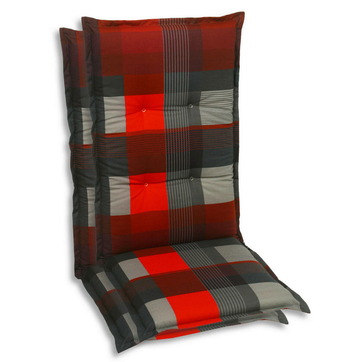 Bild 1 von Sesselauflagenset, Rot, Grau, Dunkelgrau, Textil, 2-teilig, Karo, Füllung: Schaumstoff, Vlies, 50x7x120 cm, Oeko-Tex® Standard 100, pflegeleicht, hochwertige Qualität, langlebig, für den Außenbe