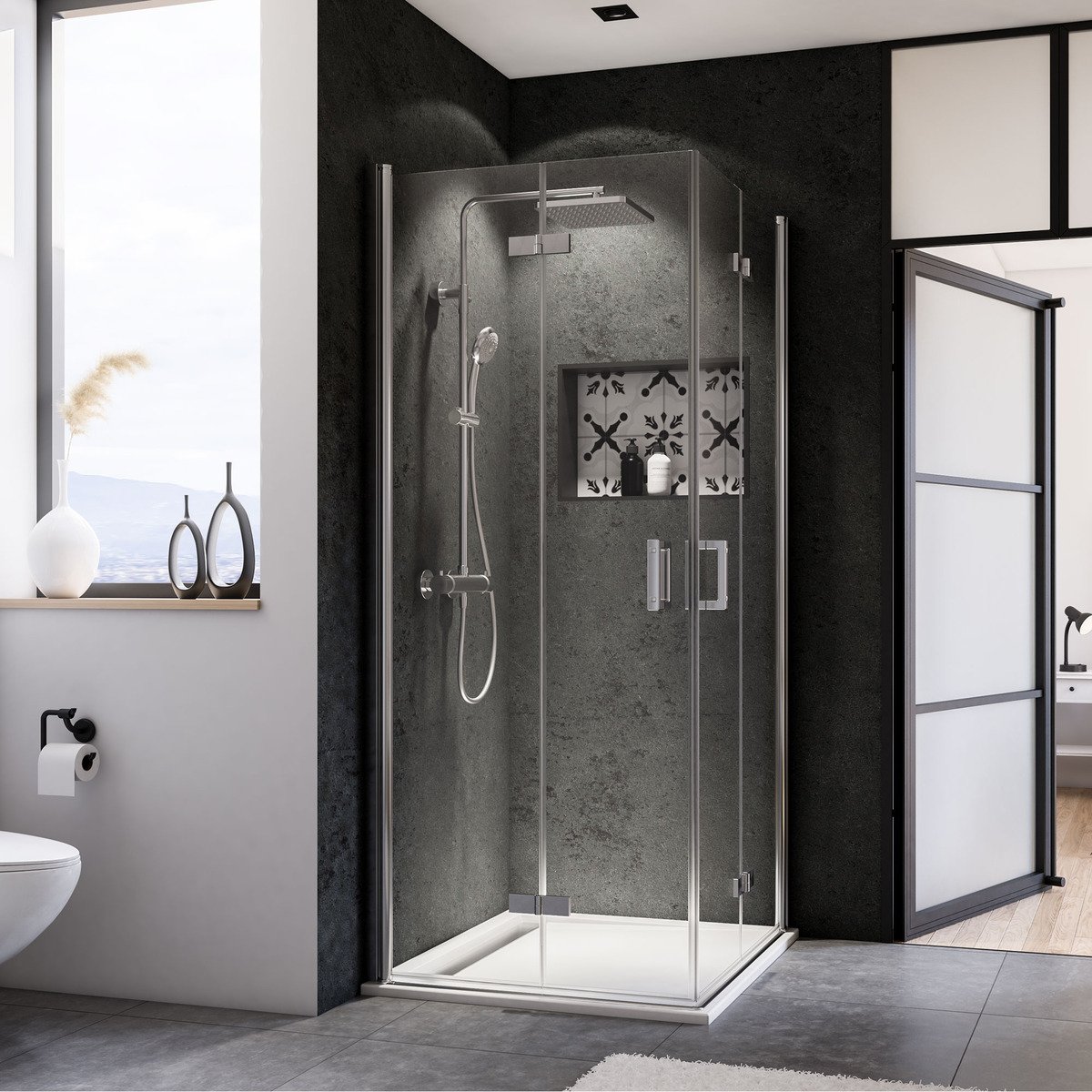 Bild 1 von Breuer Eckeinstieg 'Panorama' mit Drehfalttür, Klarglas, teilgerahmt, chromfarben, 90 x 90 x 200 cm