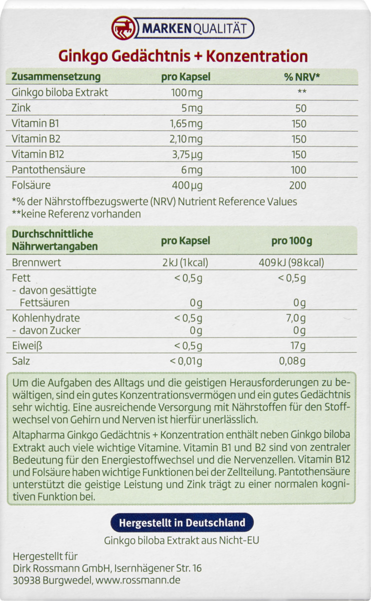 Bild 2 von altapharma Ginkgo Gedächtnis+Konzentration