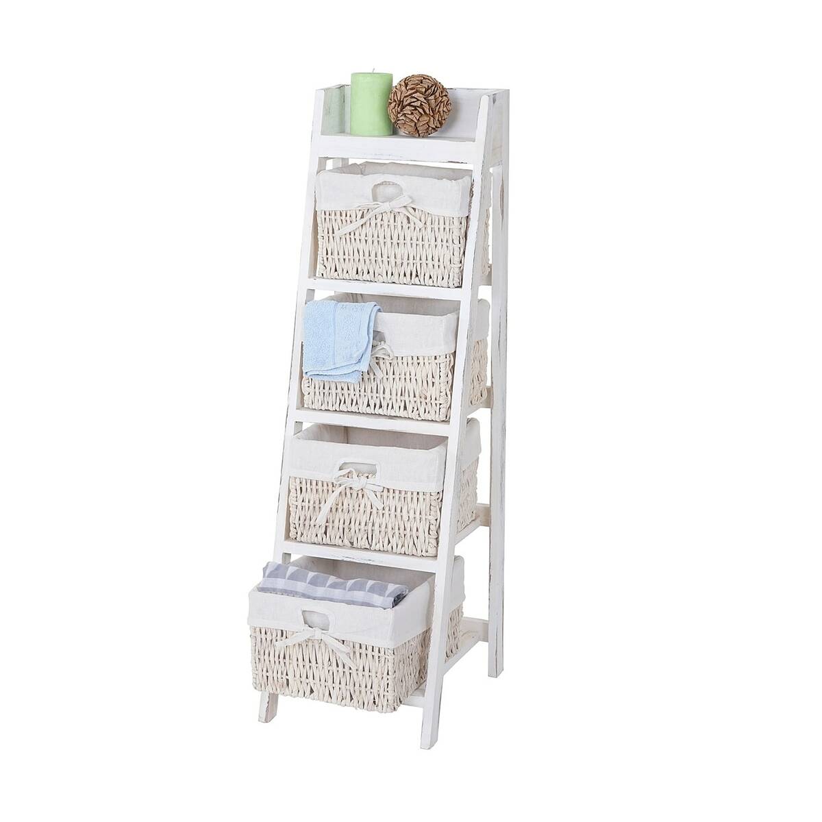 Bild 1 von Leiterregal Franca, Regal Standregal mit 4 Korbschubladen 101x30cm, Shabby-Look, Vintage, weiß