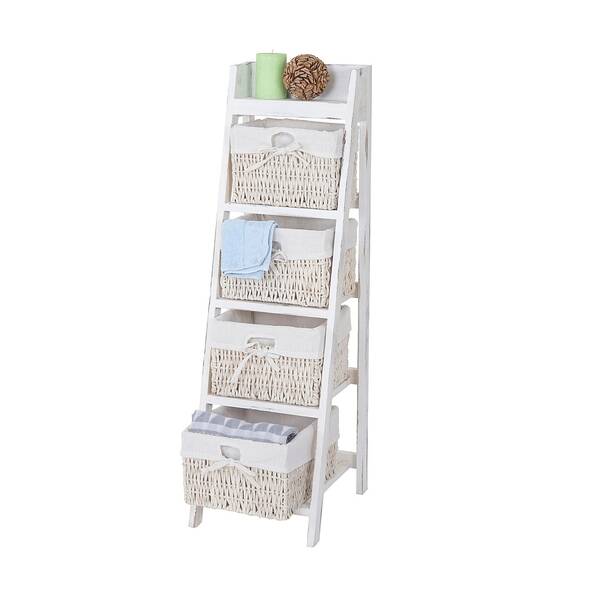 Bild 1 von Leiterregal Franca, Regal Standregal mit 4 Korbschubladen 101x30cm, Shabby-Look, Vintage, weiß