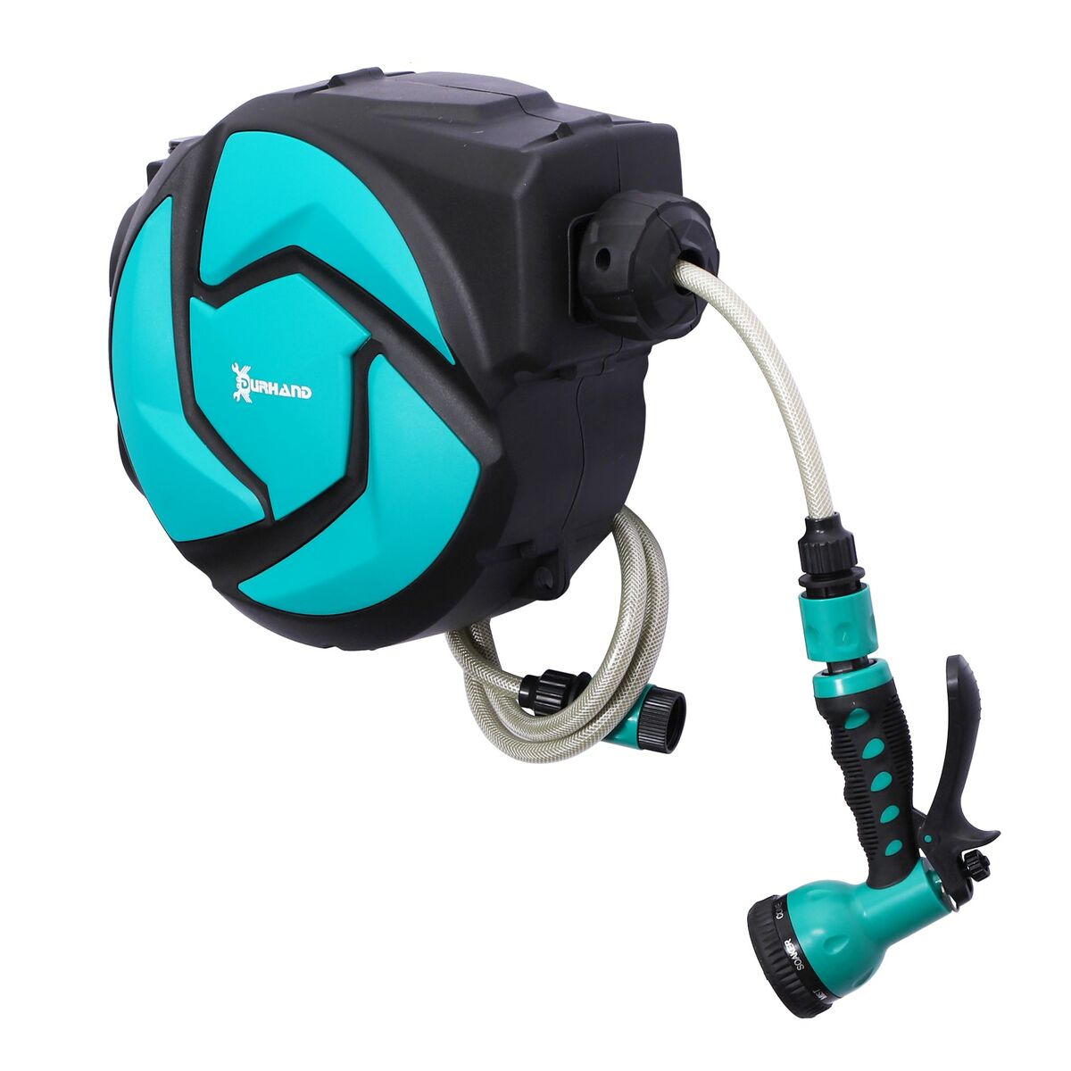 Bild 1 von DURHAND Schlauchtrommel mit Multibrause grün, schwarz 29,5 x 16,5 x 33 cm (LxBxH)   Schlauchaufroller Wasserschlauchtrommel Aufroller