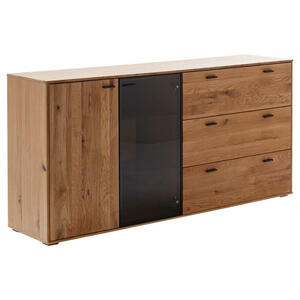 Mid.you Sideboard, Wildeiche, Holz, Glas, Wildeiche, furniert, massiv, 4 Fächer, 3 Schubladen, 183x88x44 cm, Schlafzimmer, Schlafzimmer Kommoden