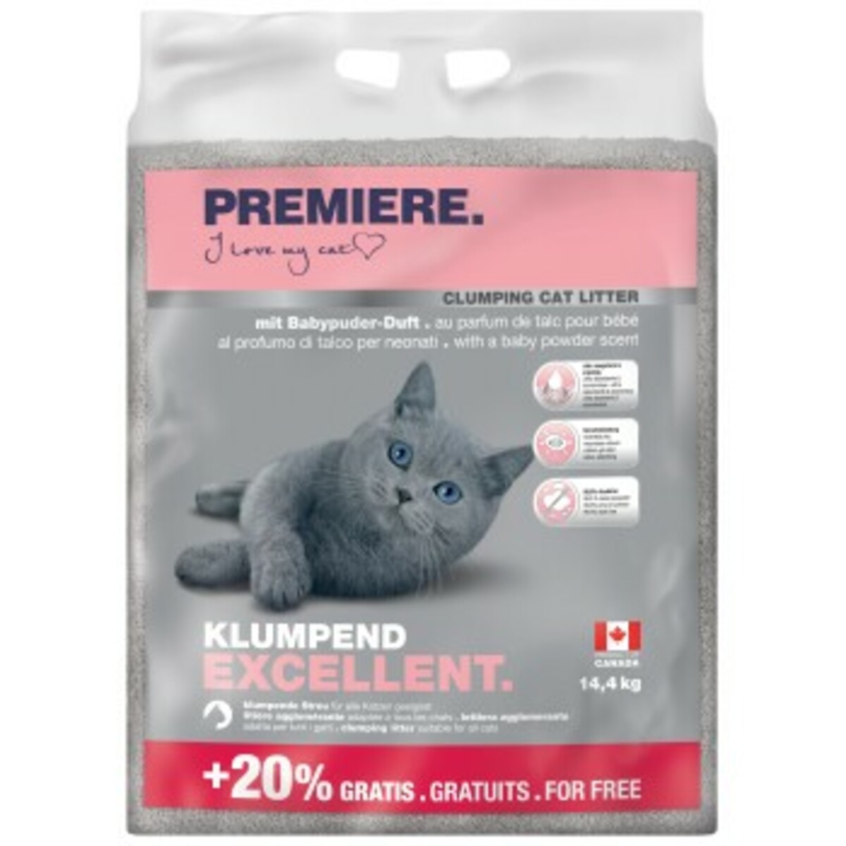 Bild 1 von PREMIERE Excellent Klumpstreu, Babypuder-Duft 12kg + 2,4kg gratis