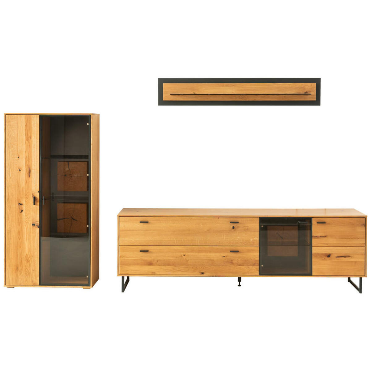 Bild 1 von Mid.you Wohnwand, Wildeiche, Metall, Wildeiche, furniert, massiv, 2 Schubladen, 306x188x50 cm, Wohnzimmer, Wohnwände, Anbauwände