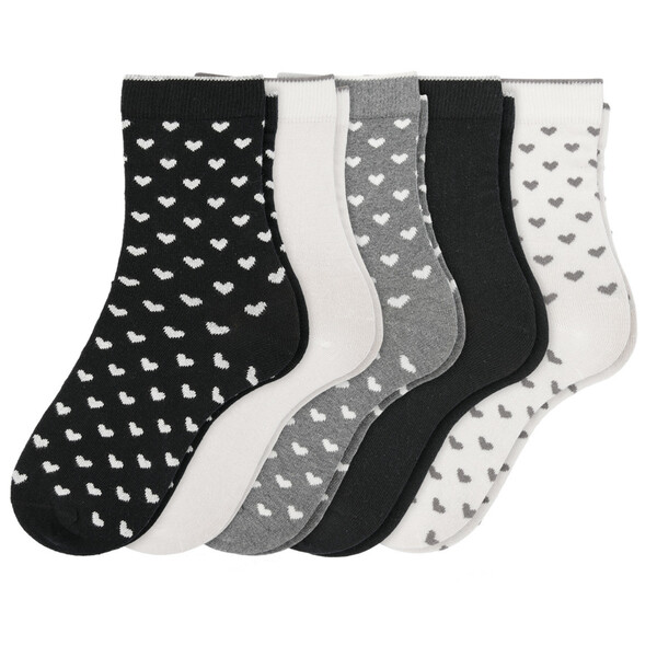Bild 1 von 5 Paar Damen Socken mit Herz-Allover WEISS / SCHWARZ / GRAU
