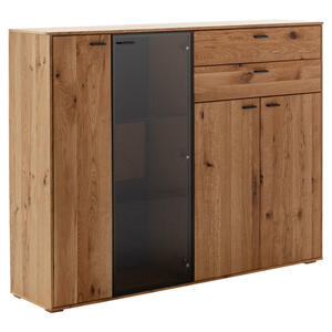 Mid.you Highboard, Wildeiche, Glas, Holzwerkstoff, Wildeiche, furniert, massiv, 4 Fächer, 2 Schubladen, 158x122x37 cm, Wohnzimmer, Kommoden & Sideboards, Highboards