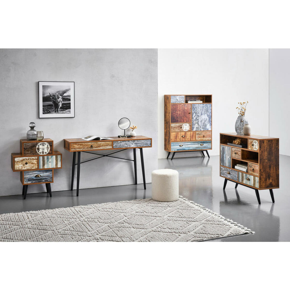 Bild 1 von Carryhome Kommode, Weiß, Hellblau, Rost, Hellbraun, Metall, Kunststoff, Vintage, 1 Fächer, 5 Schubladen, 100x140x29 cm, Typenauswahl, Beimöbel erhältlich, stehend, Garderobe, Garderoben Kommoden