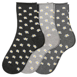 3 Paar Damen Socken mit Blümchen-Allover DUNKELGRAU / GRAU / HELLGRAU