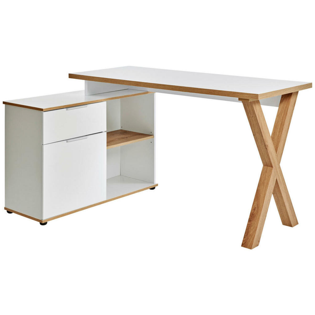 Bild 1 von Livetastic Eckschreibtisch, Weiß, Eiche, Metall, 1 Schubladen, X-Form, 95x76 cm, Kabeldurchlass, Stauraum, seitenverkehrt montierbar, in verschiedenen Holz-Dekoren erhältlich, Arbeitszimmer, Schrei