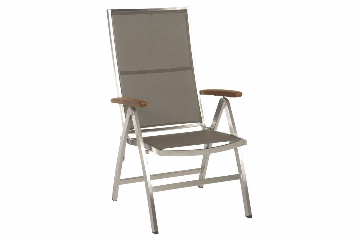 Bild 1 von B-Ware: STERN Cardiff Klappsessel,  Armlehnen FSC-Teak, silber/taupe, Edelstahl/Textilene