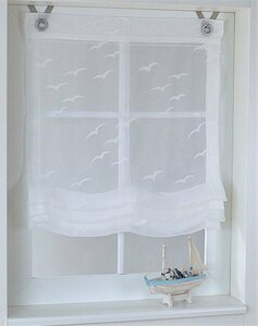 Raffrollo Seabird, Kutti, mit Hakenaufhängung, freihängend, transparent, Ausbrenner, Motiv, maritim, mit Edelstahlhaken, Weiß
