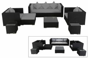 OUTFLEXX Loungemöbel-Set, schwarz, Polyrattan, für 6 Personen, inkl. Kaffeetisch, wasserfeste Kissenbox
