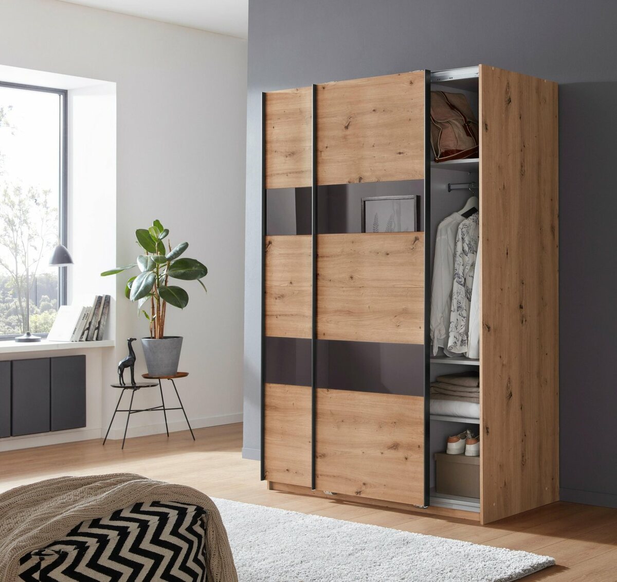 Bild 1 von Wimex Schwebetürenschrank Altona mit Glaselementen und zusätzlichen Einlegeböden, Braun|grau