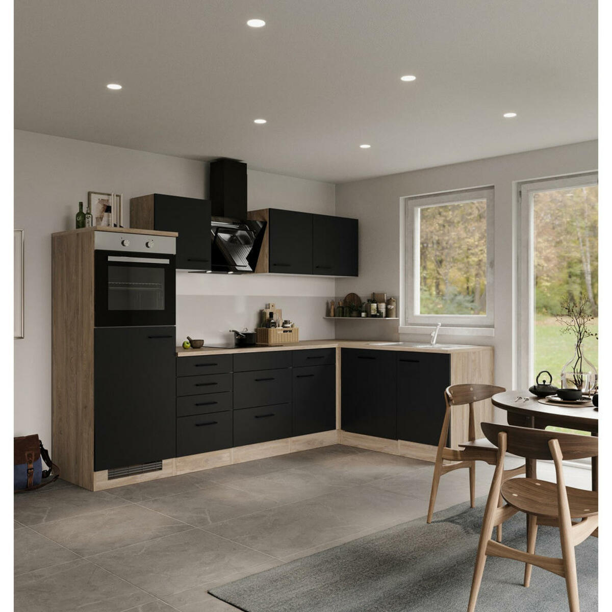 Bild 1 von FlexWell Eckküche, Schwarz, Eiche, Metall, 1,7 Schubladen, einmalig seitenverkehrt montierbar, nur wie online abgebildet bestellbar, A,A, 280x170 cm, Made in Germany, links aufbaubar, rechts aufbaub