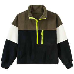 Kinder Fleece-Pullover mit Farbteilern SCHWARZ / DUNKELOLIV / CREME
