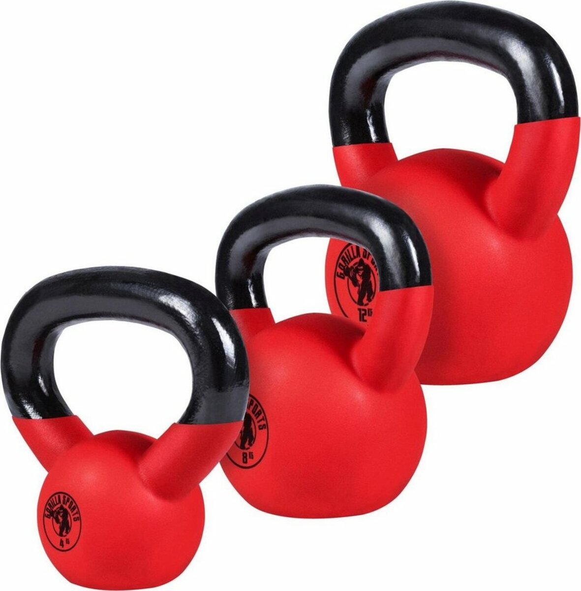Bild 1 von GORILLA SPORTS Kettlebell Kettlebellset 4 kg, 8 kg, 12 kg Vinyl 24 kg, Rot|schwarz