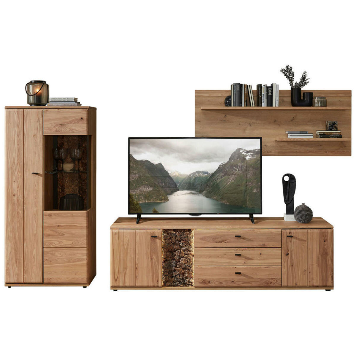 Bild 1 von Linea Natura Wohnwand, Braun, Esche, Eiche Artisan, Metall, Esche, Kork, massiv, 10 Fächer, 2 Schubladen, 320x163x50 cm, Typenauswahl, Beimöbel erhältlich, Wohnzimmer, Wohnwände, Anbauwände