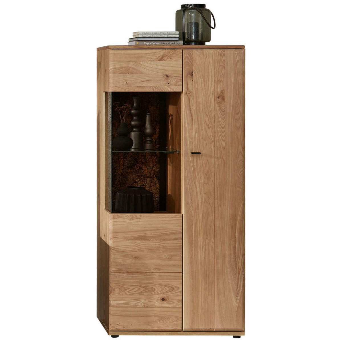 Bild 1 von Linea Natura Vitrine, Braun, Esche, Eiche Artisan, Metall, Esche, Kork, massiv, 8 Fächer, 75x163x40 cm, Typenauswahl, Beimöbel erhältlich, Esszimmer, Vitrinen