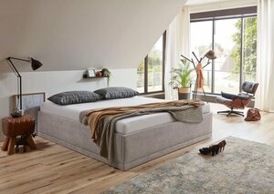 Westfalia Schlafkomfort Polsterbett Texel, Standardhöhe mit Zierkissen, Bettkasten bei Ausführung mit Matratze, Beige