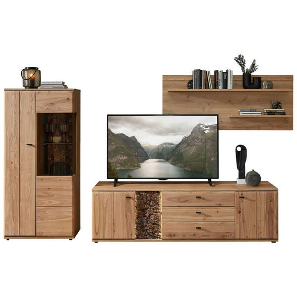Bild 1 von Linea Natura Wohnwand, Braun, Esche, Eiche Artisan, Metall, Esche, Kork, massiv, 10 Fächer, 2 Schubladen, 320x163x50 cm, Typenauswahl, Beimöbel erhältlich, Wohnzimmer, Wohnwände, Anbauwände