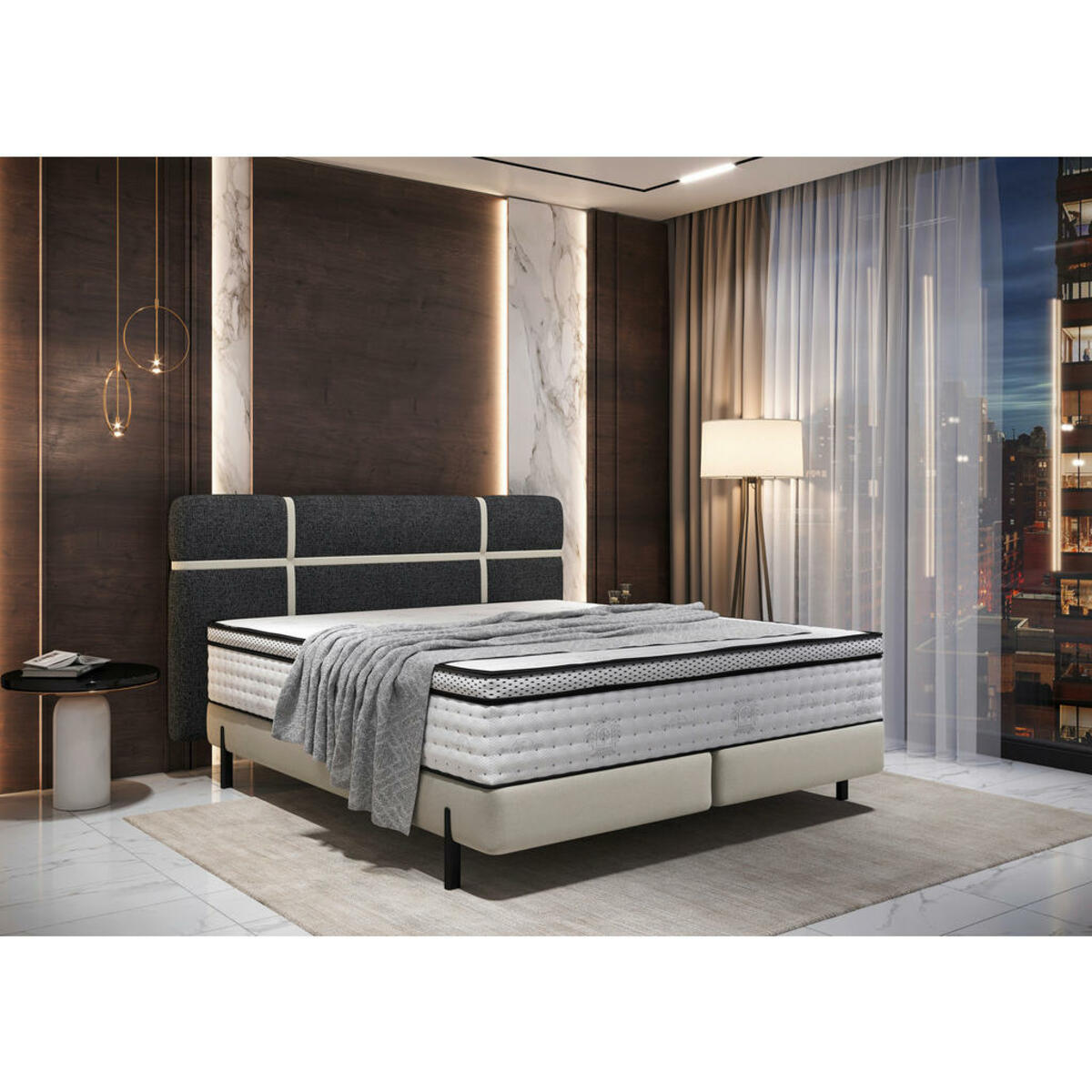 Bild 1 von Esposa Boxspringbett, Creme, Dunkelgrau, Textil, H3, Höhe ca. 27 cm, 180x200 cm, gepolstertes Kopfteil, Schlafzimmer, Betten, Doppelbetten