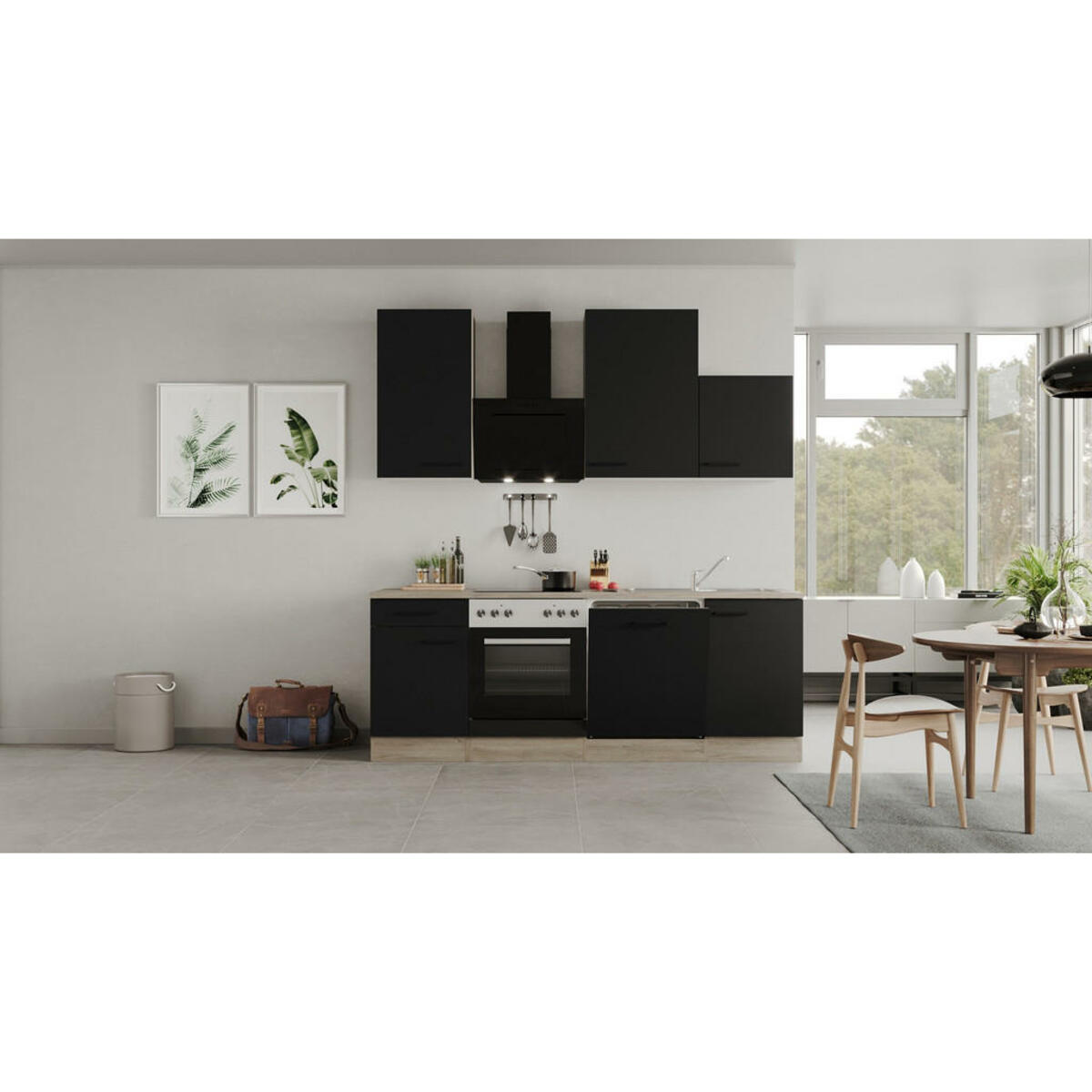 Bild 1 von FlexWell Küchenblock, Schwarz, Eiche, Metall, 2 Schubladen, einmalig seitenverkehrt montierbar, nur wie online abgebildet bestellbar, 220 cm, links aufbaubar, rechts aufbaubar, Küchen, Küchenzeile