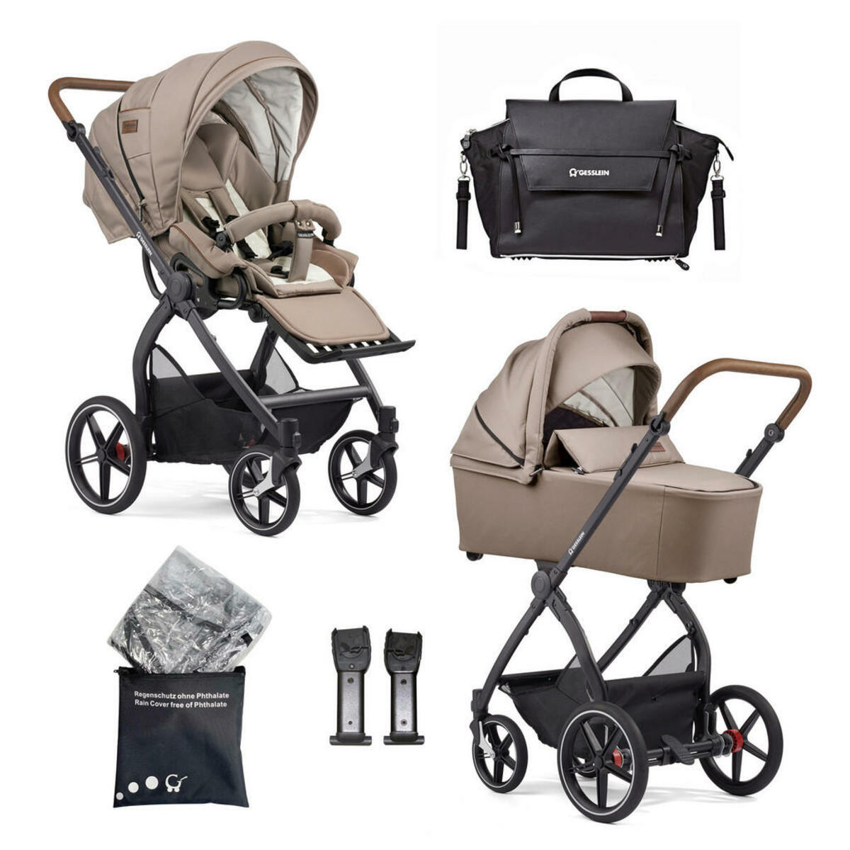 Bild 1 von Gesslein Kinderwagenset FX4 Classic, Creme, Dunkelbraun, Beige, Textil, EN 1888, UV 50+, Made in Germany, Feststellbremse, Fußstütze abklappbar, Federung, kugelgelagerte Räder, Verdeckung abnehmba