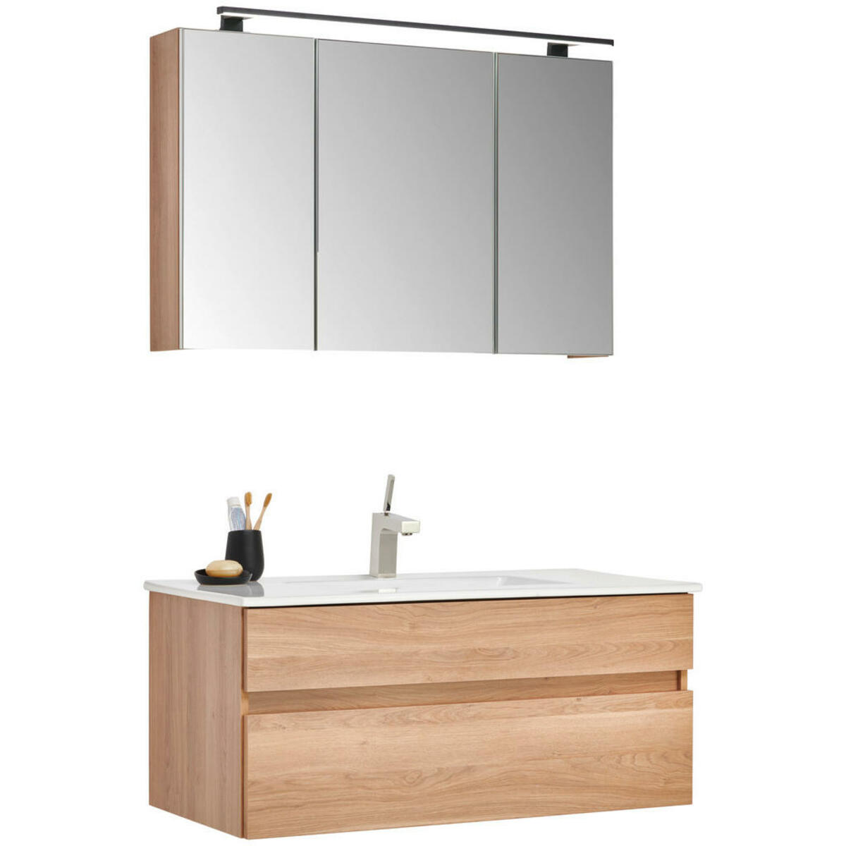 Bild 1 von Novel Badezimmer Nv.210, Eiche, Keramik, 3-teilig, 3 Fächer, 2,2 Schubladen, 102 cm, Goldenes M, Made in Germany, hängend, erweiterbar, Typenvielfalt, Badezimmer, Badmöbelsets & -serien, Badmöbel