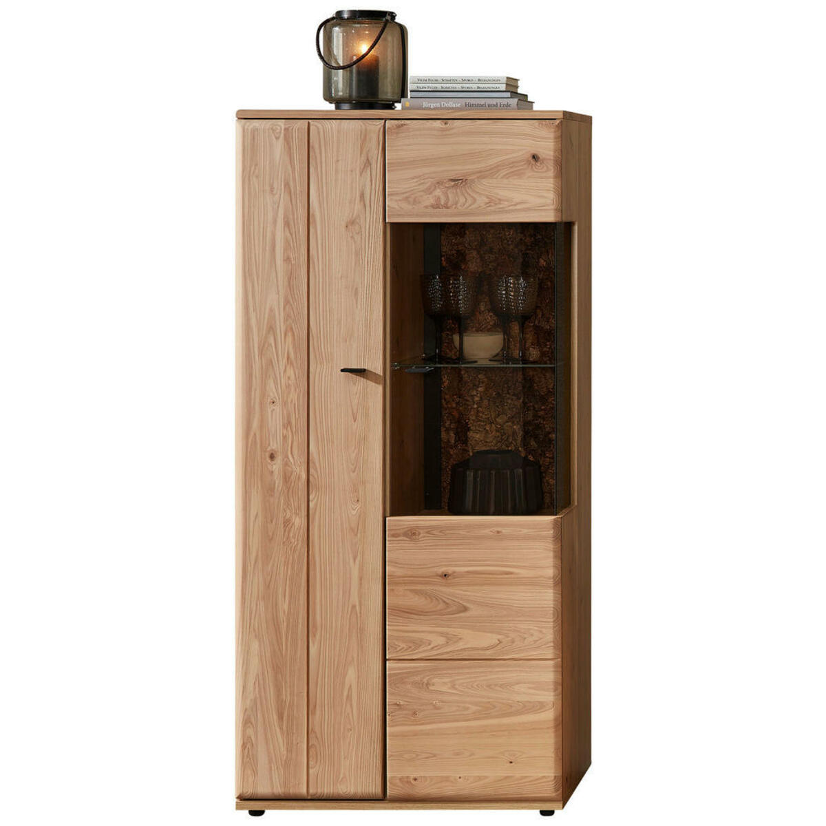 Bild 1 von Linea Natura Vitrine, Braun, Esche, Eiche Artisan, Metall, Esche, Kork, massiv, 8 Fächer, 75x163x40 cm, Typenauswahl, Beimöbel erhältlich, Esszimmer, Vitrinen