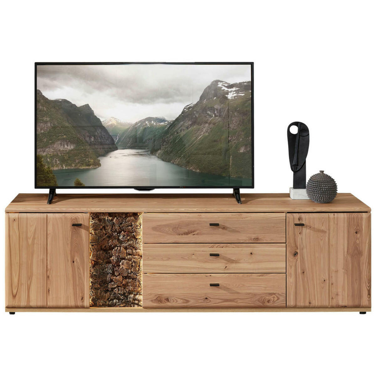 Bild 1 von Linea Natura Lowboard, Esche, Eiche Artisan, Metall, Esche, Kork, massiv, 2 Fächer, 2 Schubladen, 195x58x50 cm, Typenauswahl, Beimöbel erhältlich, Wohnzimmer, Wohnwände, Lowboards