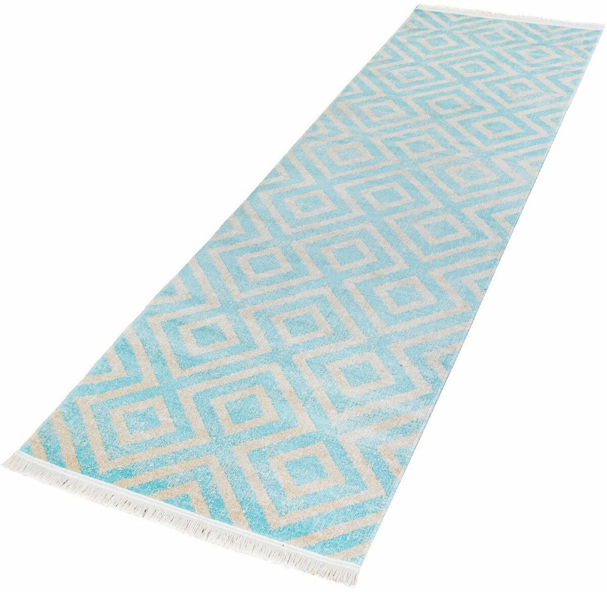 Bild 1 von Läufer Poco 821, Paco Home, rechteckig, Höhe: 6 mm, Teppich-Läufer, Kurzflor, Rauten-Design, mit Fransen, Outdoor geeignet, Blau|weiß